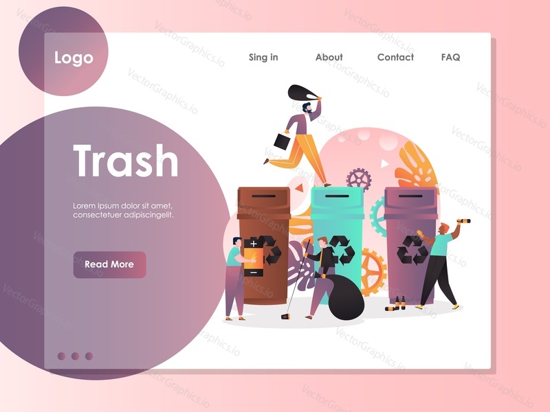 Trash vector website template, web page and landing page design for website and mobile site development. Waste sorting recycling concept with people collecting garbage, different color rubbish bins.
