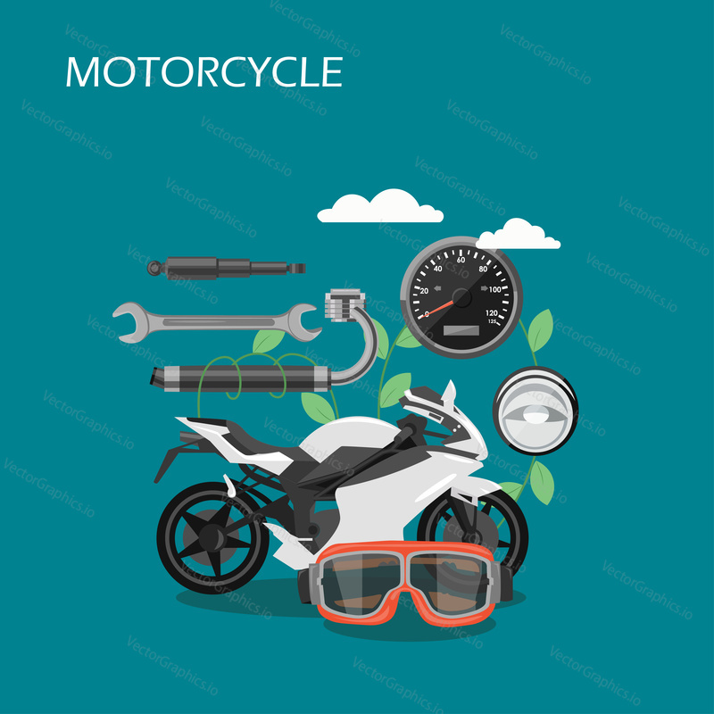 Motorcycle vector flat illustration. Motorbike, goggles, speedometer, exhaust system, wrench, shock-absorber, headlight. Motorcycle spare parts and accessories for web banner, website page etc.