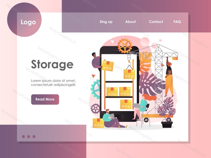 Storage vector website template, web page and landing page design for website and mobile site development. Warehouse storage app concept.