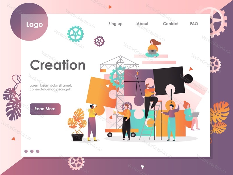 Creation vector website template, web page and landing page design for website and mobile site development. Business creation, solution concept with tiny people and tower crane doing big jigsaw puzzle