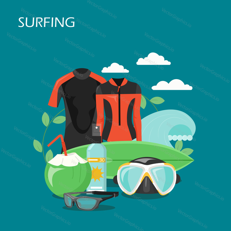 Surfing vector flat style design illustration. Surfboard, wetsuits, mask, sunglasses, sunscreen, coconut cocktail and ocean wave. Surfing equipment and gear composition for web banner, webpage etc.