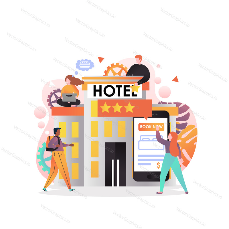 Vector illustration of hotel building, woman booking room using mobile phone app, traveler with backpack. Online hotel reservation concept for web banner, website page etc.