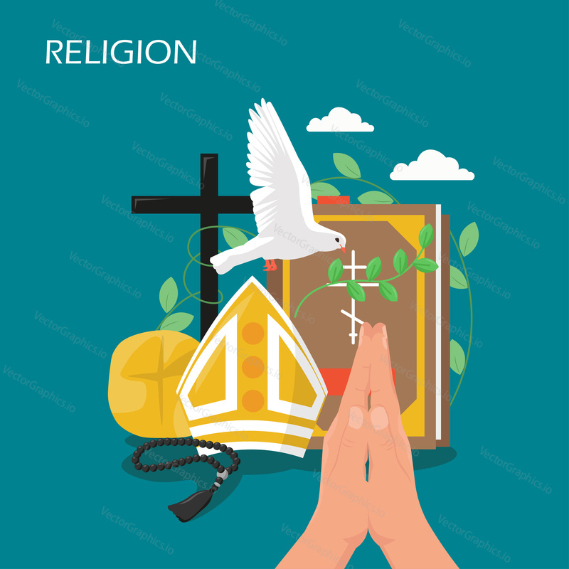 Иллюстрация дизайна векторного плоского стиля религии. Святая Библия, голубь, молящиеся руки, христианская католическая митра, крест, святые четки. Христианство, религиозные христианские символы для веб-баннера, веб-страницы.