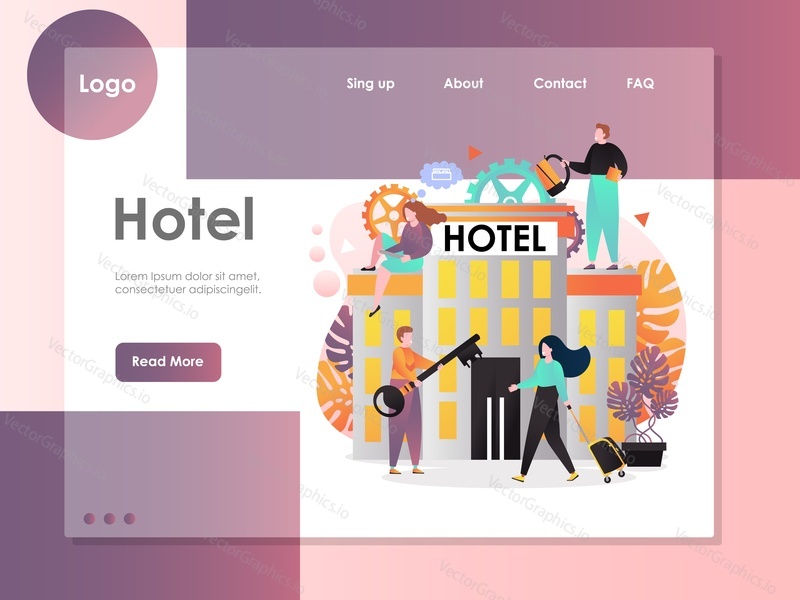 Hotel vector website template, web page and landing page design for website and mobile site development. Hotel services concept with man giving big key to traveler woman with luggage.