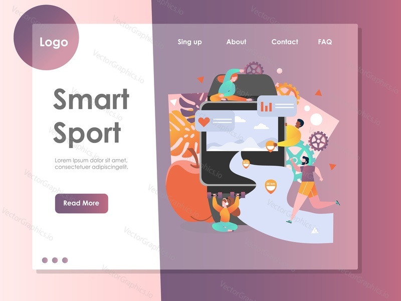 Smart sport vector website template, web page and landing page design for website and mobile site development. Smart watch wearable technology, fitness tracking devices and apps concepts.