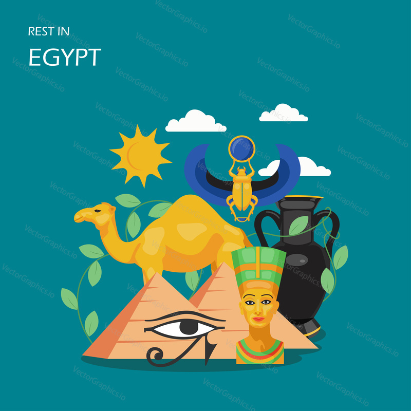 Отдых в Египте векторная плоская иллюстрация. Египетские пирамиды, глаз Гора, бюст Нефертити, верблюд, жук-скарабей, амфора. Поездка в Египет, древние артефакты, религиозные символы для веб-баннера, веб-страницы и т.д.