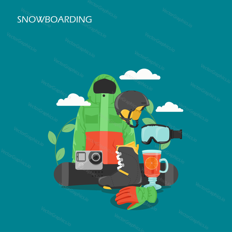 Snowboarding vector flat style design illustration. Snowboard, jacket, helmet, boot, glove, glasses and photo camera. Winter activities Snowboarding equipment for web banner, website page etc.