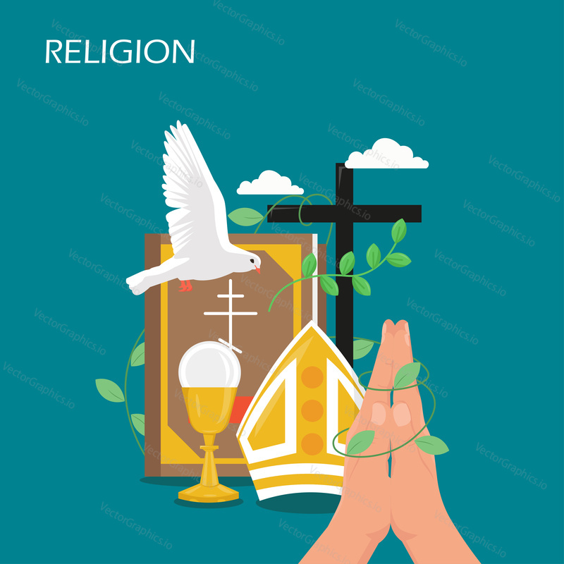 Religion vector flat style design illustration. Holy Bible, dove, praying hands, christian catholic miter, cross, holy chalice. Christianity, religious christian symbols for web banner, webpage etc.