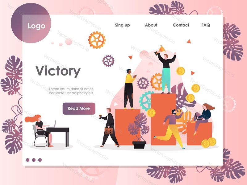 Victory vector website template, web page and landing page design for website and mobile site development. Winner, team success concept with happy businessman holding golden cup on bar graph top.