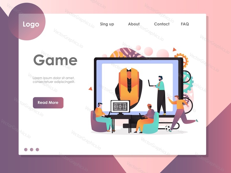 Game vector website template, web page and landing page design for website and mobile site development. Online soccer video game tournament, championship, esports and competitive gaming concepts.