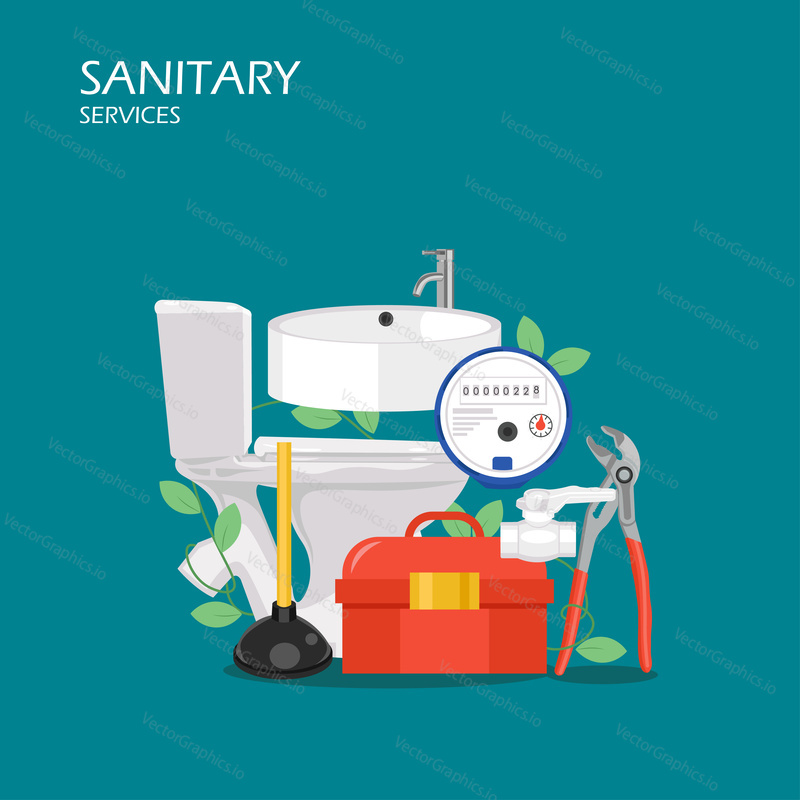 Sanitary services vector flat style design illustration. Bath tub, faucet, toilet, toolbox, plunger, water meter, pliers. Plumbing tools and equipment for web banner, website page etc.