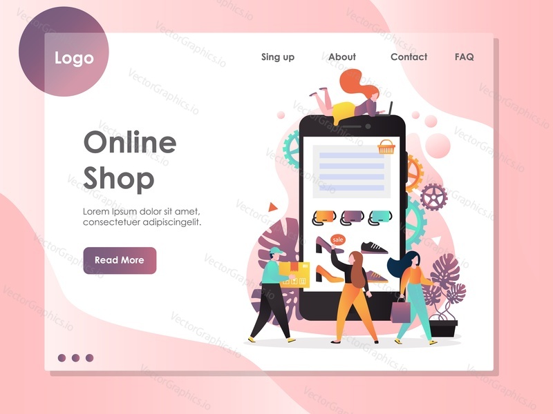 Online shop vector website template, web page and landing page design for website and mobile site development. Internet store, customer service and delivery concept.