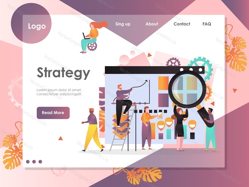 Strategy vector website template, web page and landing page design for website and mobile site development. Business strategy concept with strategic dashboard and tiny office people.