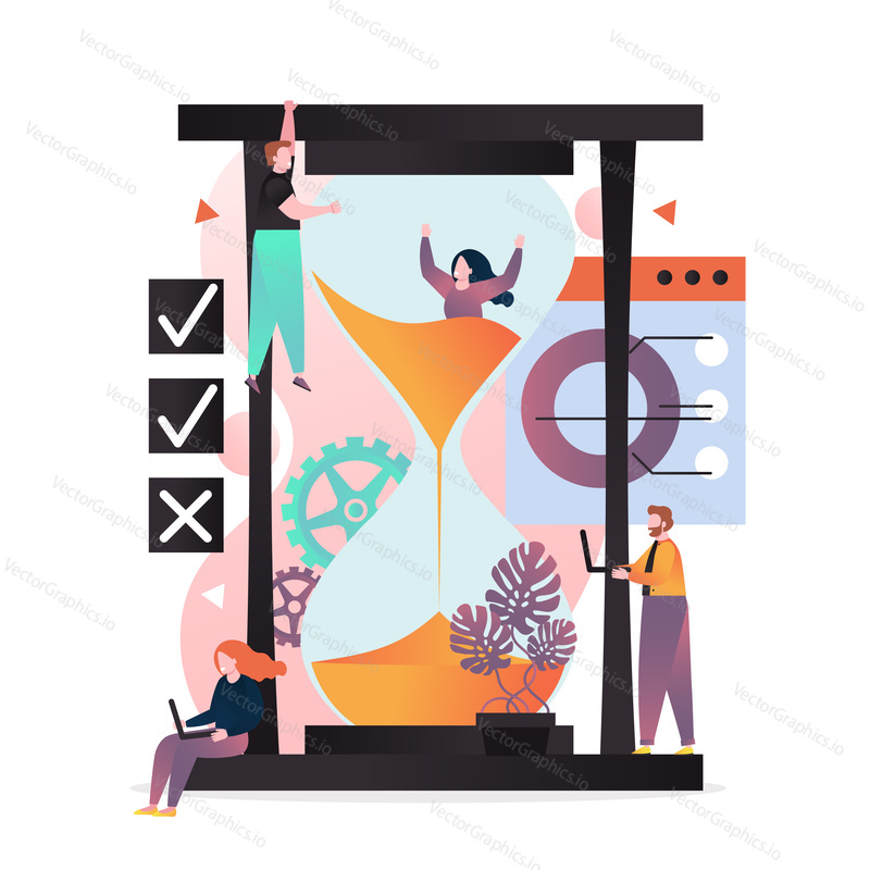 Vector illustration of big hourglass and tiny people working on laptops, woman sinking in sand inside of hour glass. Time management, deadline, time is out concepts for web banner, website page etc.