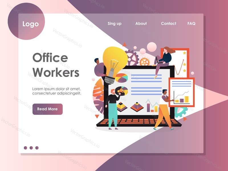 Office workers vector website template, web page and landing page design for website and mobile site development. Business workflow process, innovative ideas concept.