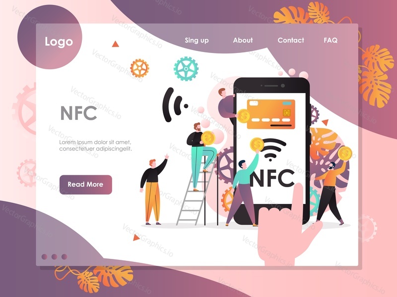 Векторный шаблон веб-сайта NFC, дизайн веб-страницы и целевой страницы для разработки веб-сайтов и мобильных сайтов. Технология ближней связи, концепции мобильных телефонов с поддержкой NFC.