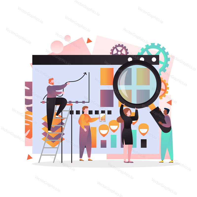 Vector illustration of big strategic dashboard and tiny people employees interacting with charts, holding magnifying glass. Business strategy concept for web banner, website page etc.