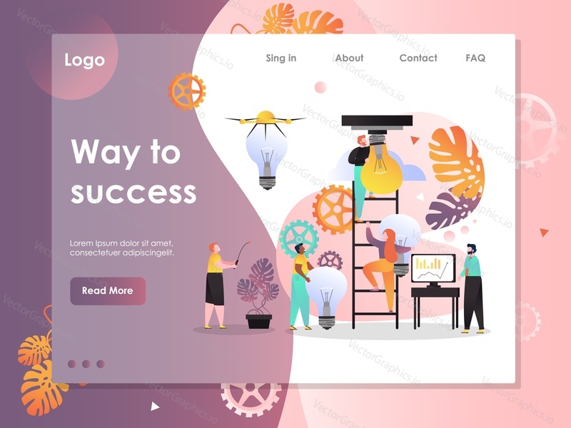 Way to success vector website template, web page and landing page design for website and mobile site development. Path to business success, reach target, creative thinking, search for ideas concepts.