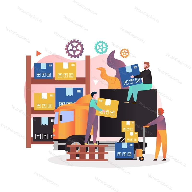Delivery truck, warehouse shelves, workers loaders with cardboard boxes, vector illustration. Transport and delivery services, warehouse logistics and shipping concept for web banner, website page etc