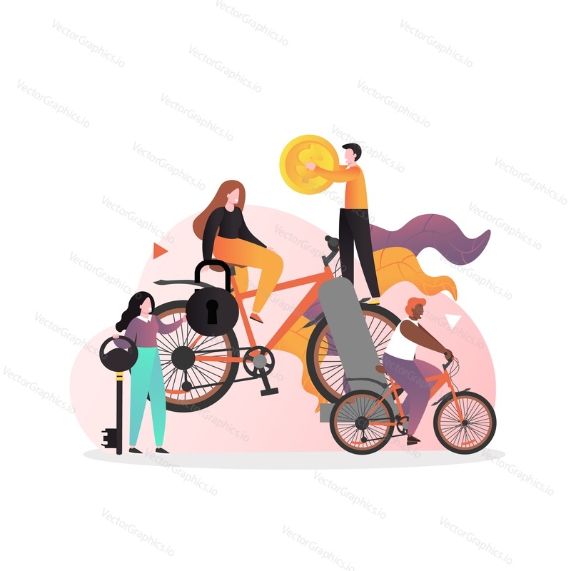 Male and female characters riding bike, holding key, lock, dollar coin, vector illustration. Bike sharing, rental bicycle service concept for web banner, website page etc.