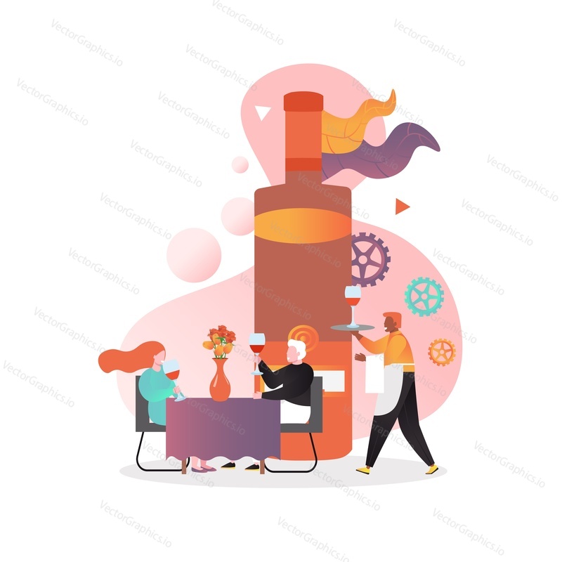 Huge bottle, micro male and female characters in restaurant, vector illustration. Couple drinking wine while sitting at table, waiter serving alcohol drink. Wine tasting concept for website page etc.
