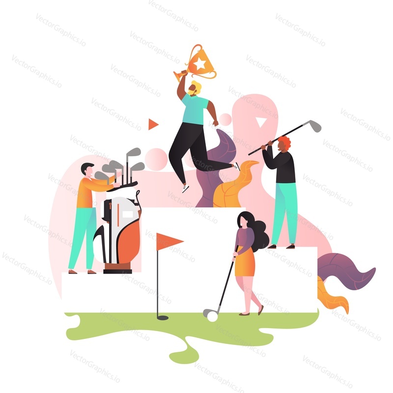 Golf player with trophy cup on winner pedestal, male and female characters with golf equipment, vector illustration. Golf championship victory concept for web banner, website page etc.