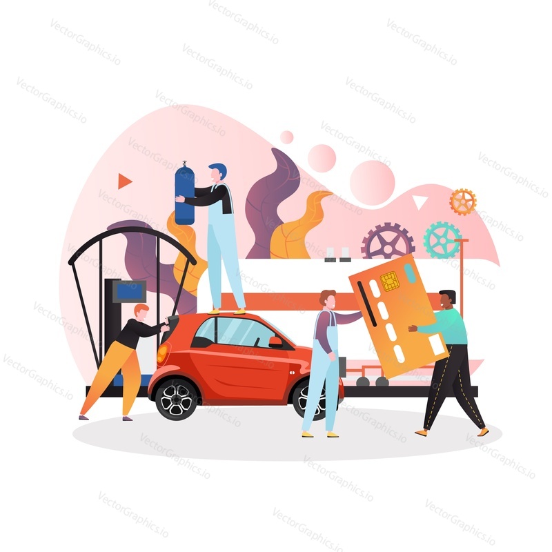 Векторная концепция газовой и нефтяной станции для веб-баннера, страницы веб-сайта с красным автомобилем, рабочими и водителем с кредитной картой.