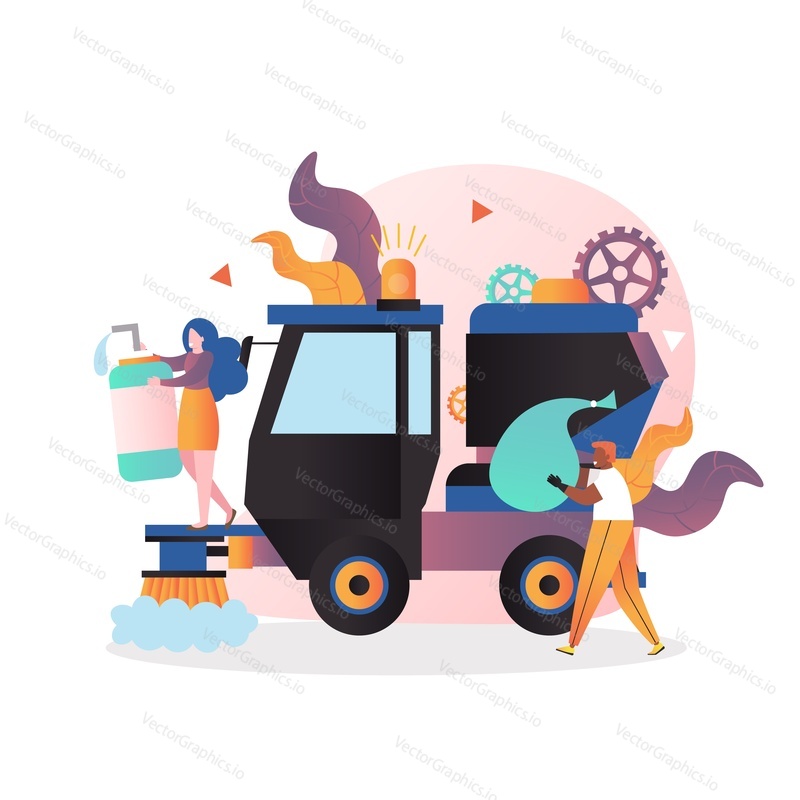 Street cleaning car or street sweeper and male and female characters workers with garbage bag and cleanser, vector illustration. Cleaning street services concept for web banner, website page etc.