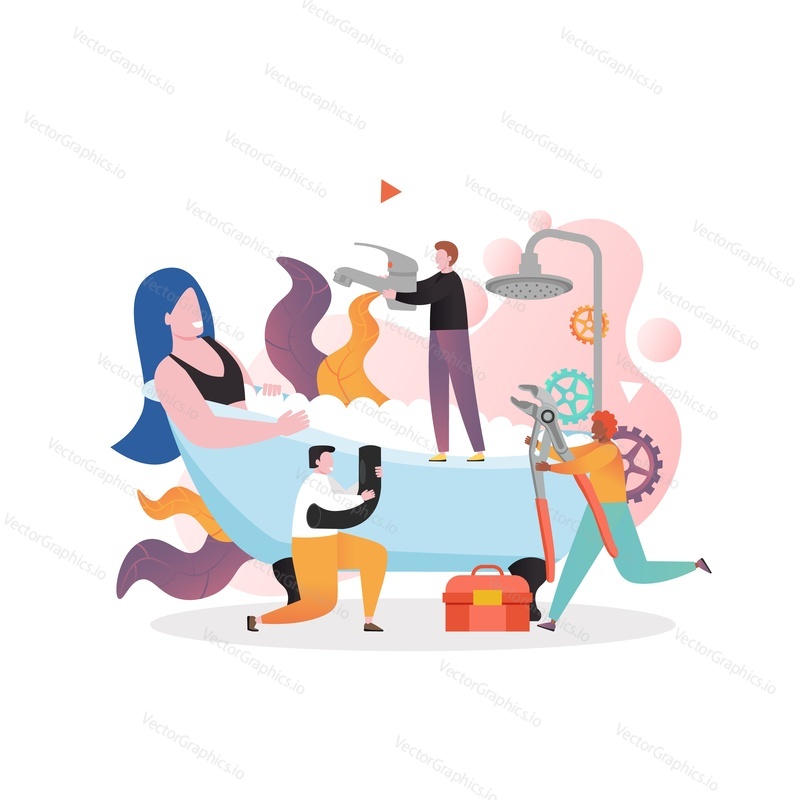 Huge woman taking bath and micro male characters plumbers with pipe, pliers, faucet, vector illustration. Sanitary services concept for web banner, website page etc.