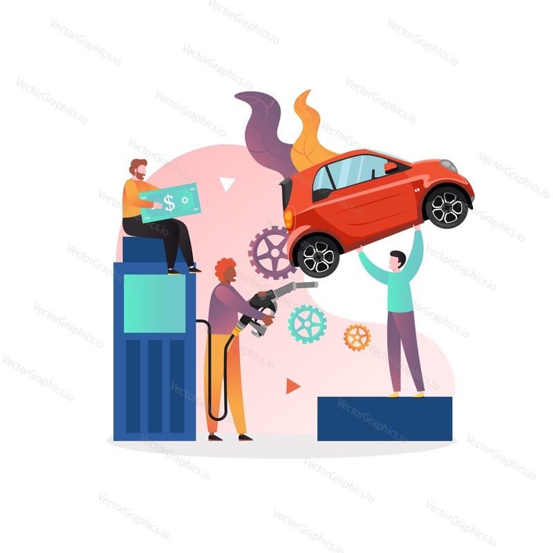 Gas and petroleum station with characters, vector illustration. Refueling car concept for web banner, website page etc.