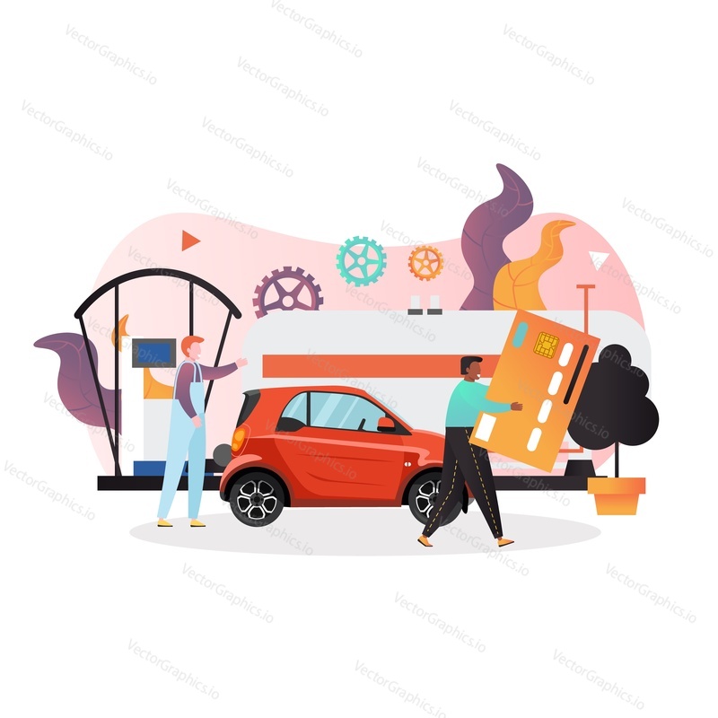 Purchase fuel using credit card, vector illustration. Gas station concept with characters worker and driver for web banner, website page etc.