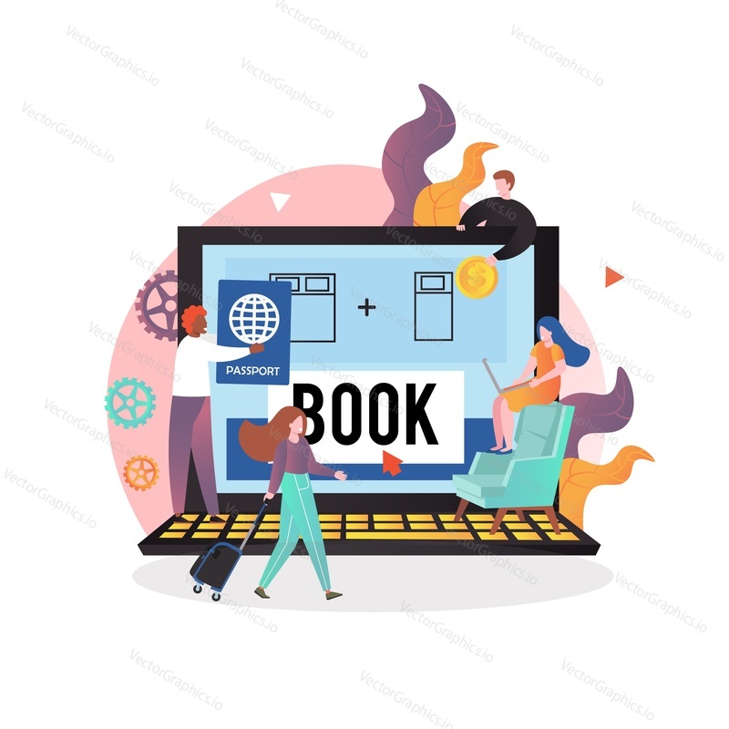 Online travel booking vector illustration. Tour operator flight search and air tickets, hotel reservation composition with micro male and female characters and huge laptop for web banner, website page