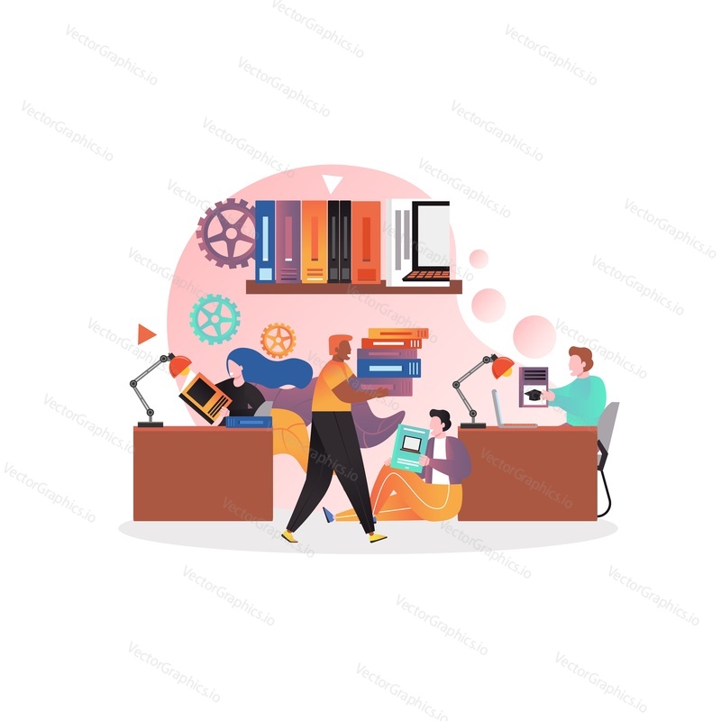 Library reading room with male and female characters readers, vector illustration. Education concept for web banner, website page etc.