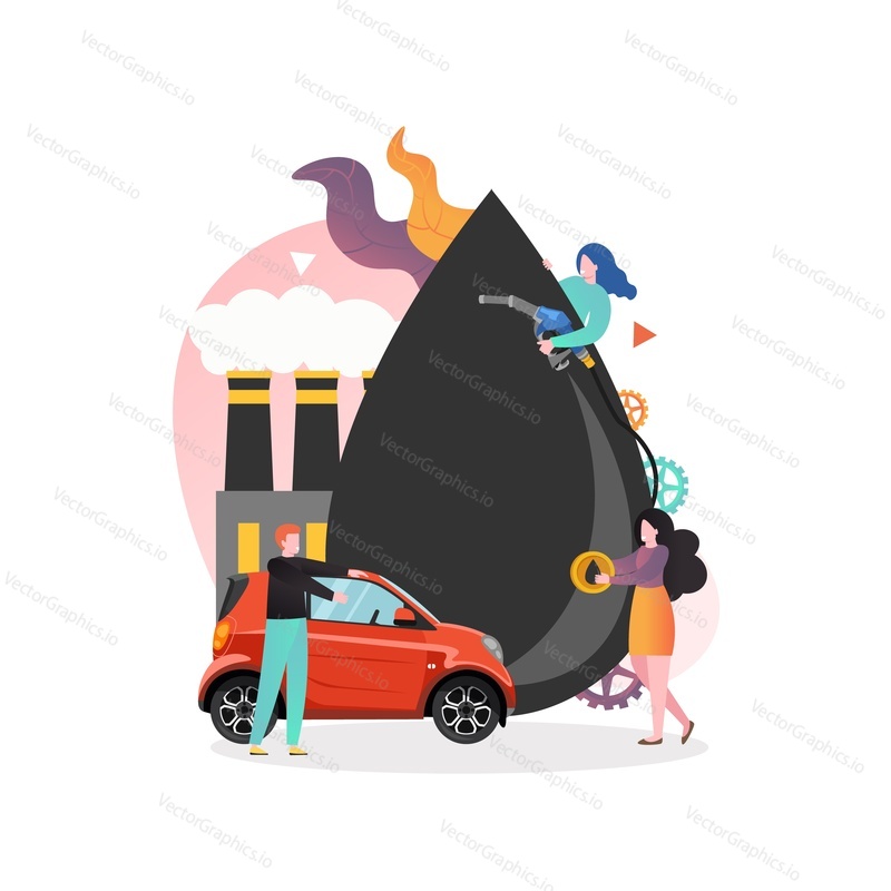 Huge oil drop and micro male and female characters, automobile, vector illustration. Filling or petrol station, refueling concept for web banner, website page etc.