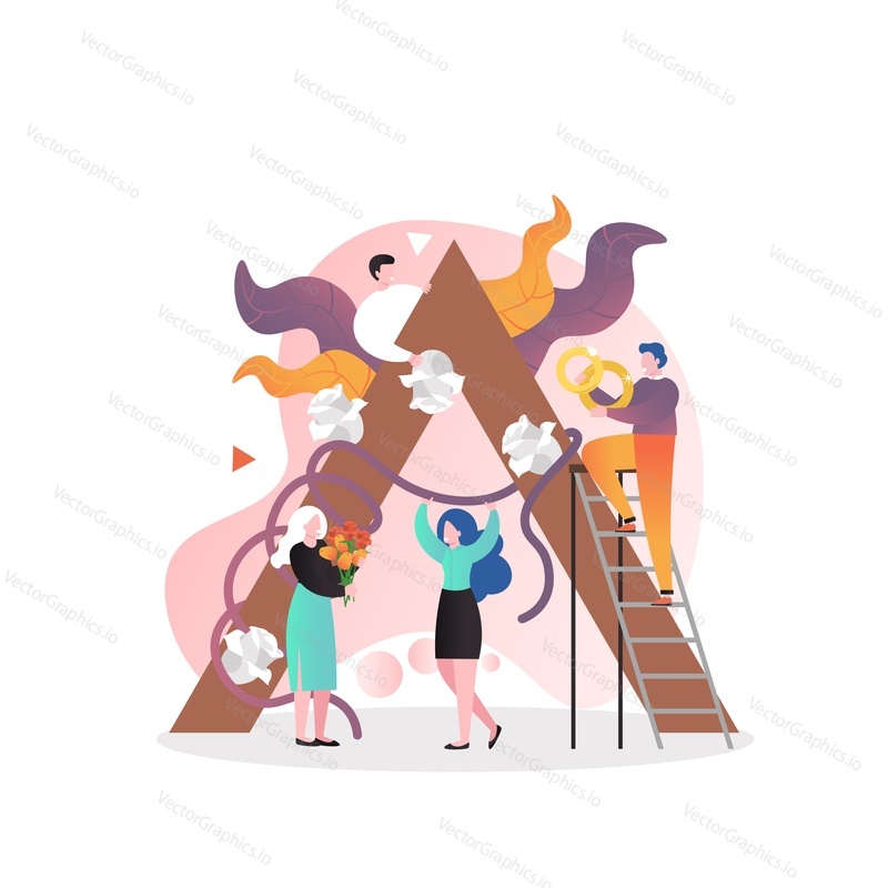 Micro male and female characters decorating wedding arch, vector illustration. Wedding party decorations, flower arrangements, florist services concept for web banner, website page etc.