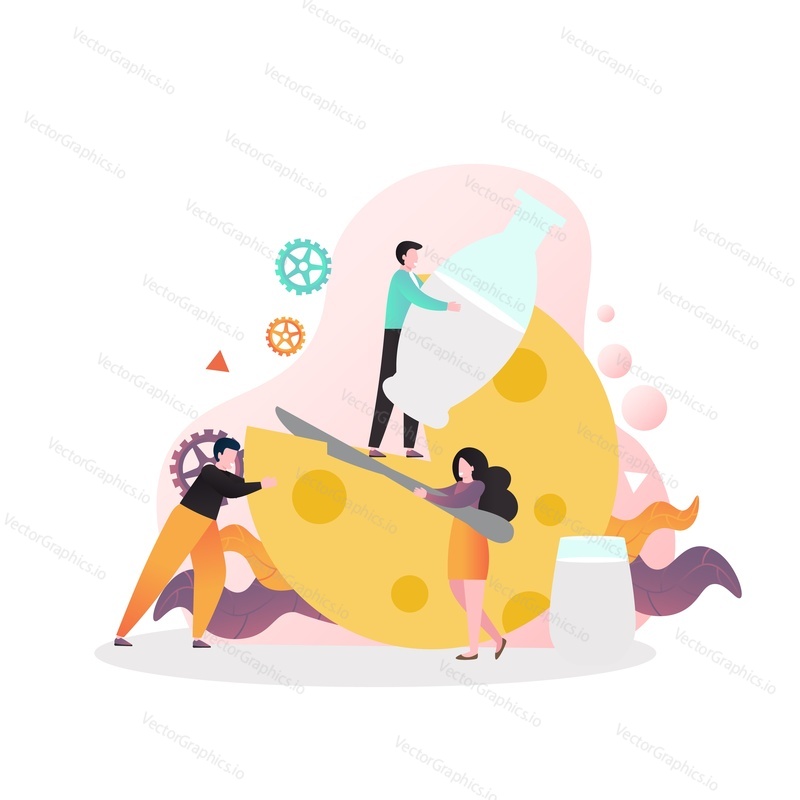 Micro male and female characters slicing big cheese wheel with knife, vector illustration. Dairy products, milk farming, cheese production.