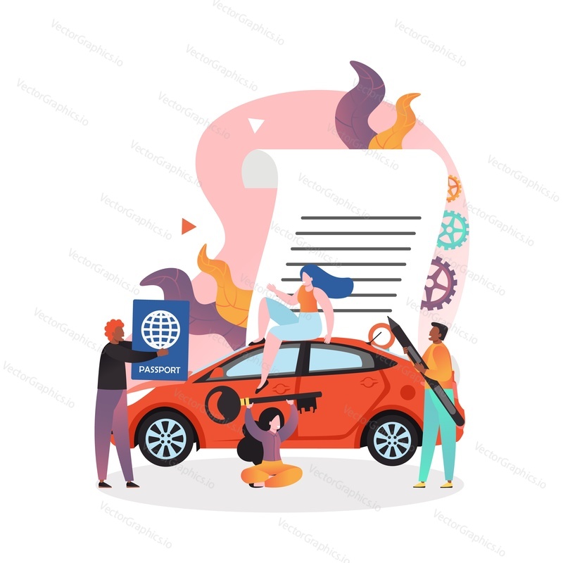 Huge car rental agreement, red auto and micro male and female characters with passport, key and pen, vector illustration. Car rent, automobile leasing concept for web banner, website page etc.