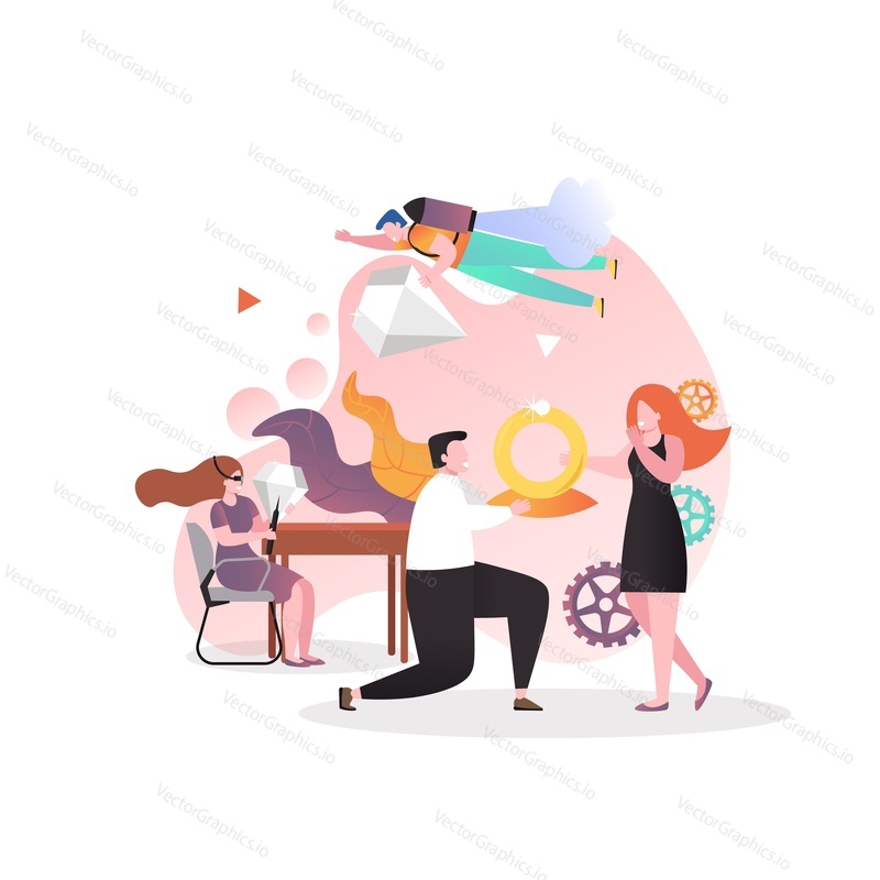 Young man proposing marriage to girlfriend with engagement ring made in jewelry workshop, vector illustration. Jewelry business concept for web banner, website page etc,