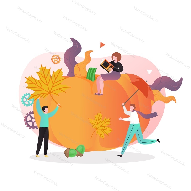 Huge pumpkin and micro male and female characters with yellow maple leaves, umbrella. Autumn harvest festival, fair or Thanksgiving celebration concept for web banner, website page etc.