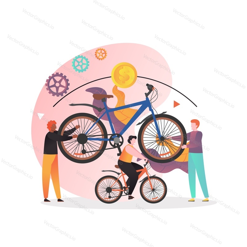Two micro male characters holding huge bicycle and man riding bike, vector illustration. Rental service concept for web banner, website page etc.