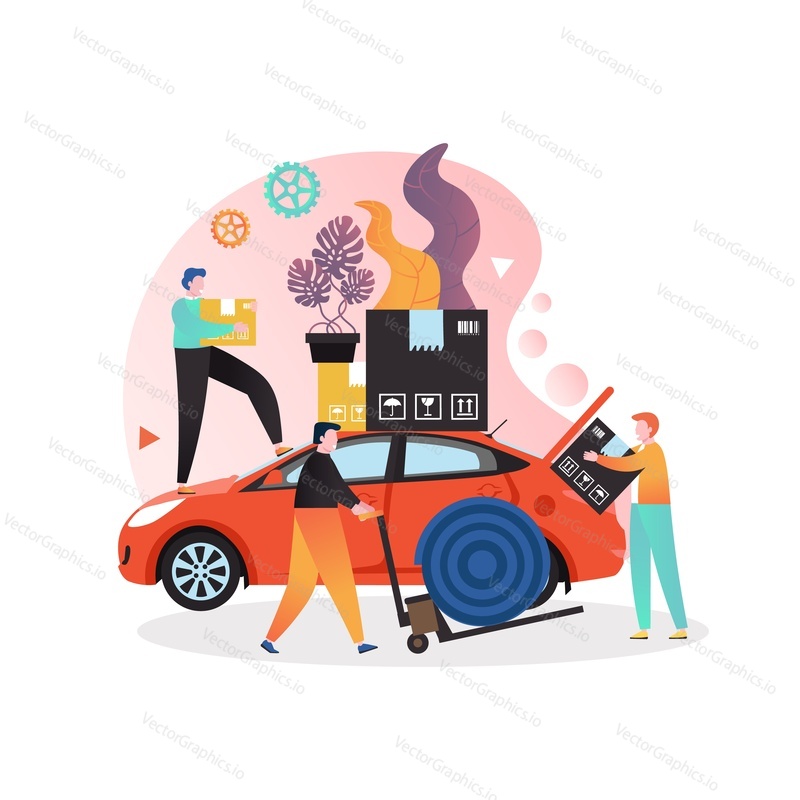Cartoon male characters loaders loading cardboard boxes and other things into the car, vector illustration. Moving relocation services concept for web banner, website page etc.