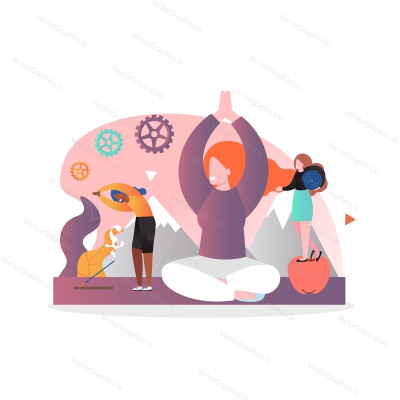 Young woman sitting in yoga position, mountain landscape, vector illustration. Yoga camp in nature concept for web banner, website page etc.