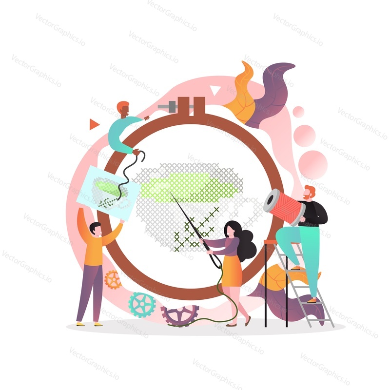 Micro male and female characters with huge embroidery tools and accessories pattern, hoop, needle, thread, vector illustration. Embroidery studio, lessons concept for web banner, website page etc.