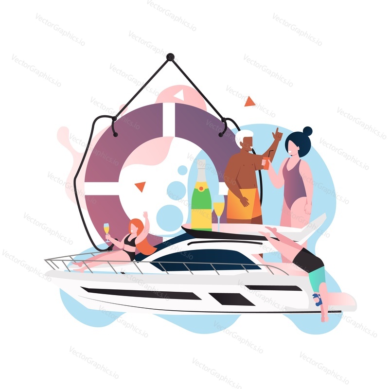 Huge lifebuoy and micro characters happy friends relaxing, having party on luxury yacht, vector illustration. People drinking champagne, jumping in water, sunbathing. Sea travel, cruise time concept