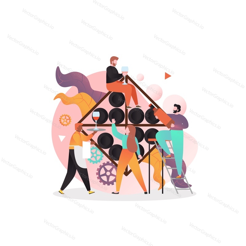 Male and female characters with wineglasses, bottle of alcoholic beverage in wine tasting room, bar, vector illustration. Wine degustation concept for web banner, website page etc.