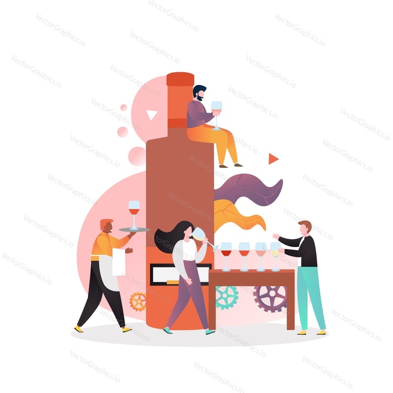 Huge wine bottle and micro characters woman tasting wine, sommelier serving alcohol drink, vector illustration. Wine event, festival, degustation concept for web banner, website page etc.