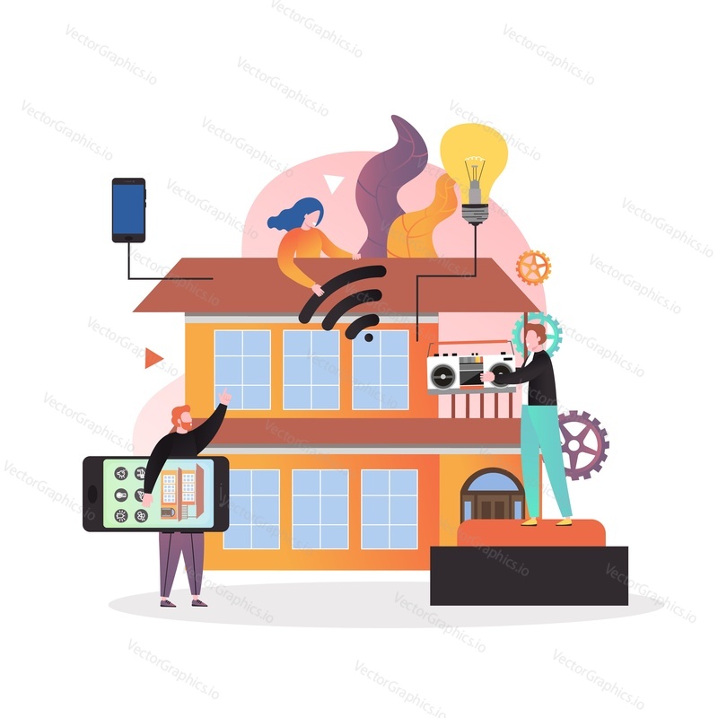 House with automated home security, lighting, other systems controlled via smartphone, vector illustration. Internet of things smart home technology concept for web banner, website page etc.