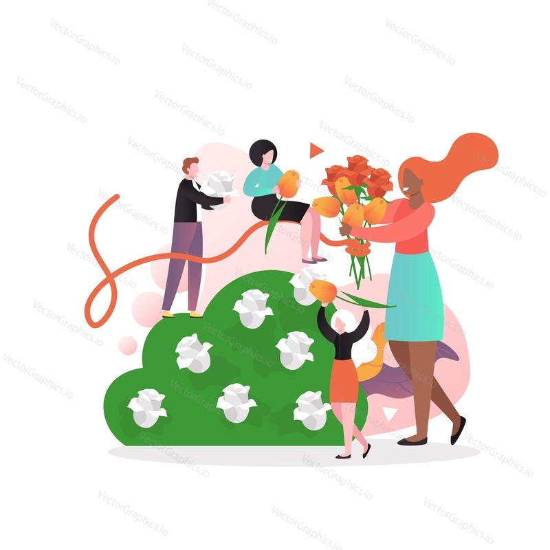 Male and female characters doing flower arrangement with roses, vector illustration. Florist services, flower shop concept for web banner, website page etc.