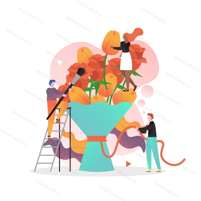 Micro male and female characters making huge bouquet of flowers, vector illustration. Florist services, flower shop, floral arrangements concept for web banner, website page etc.