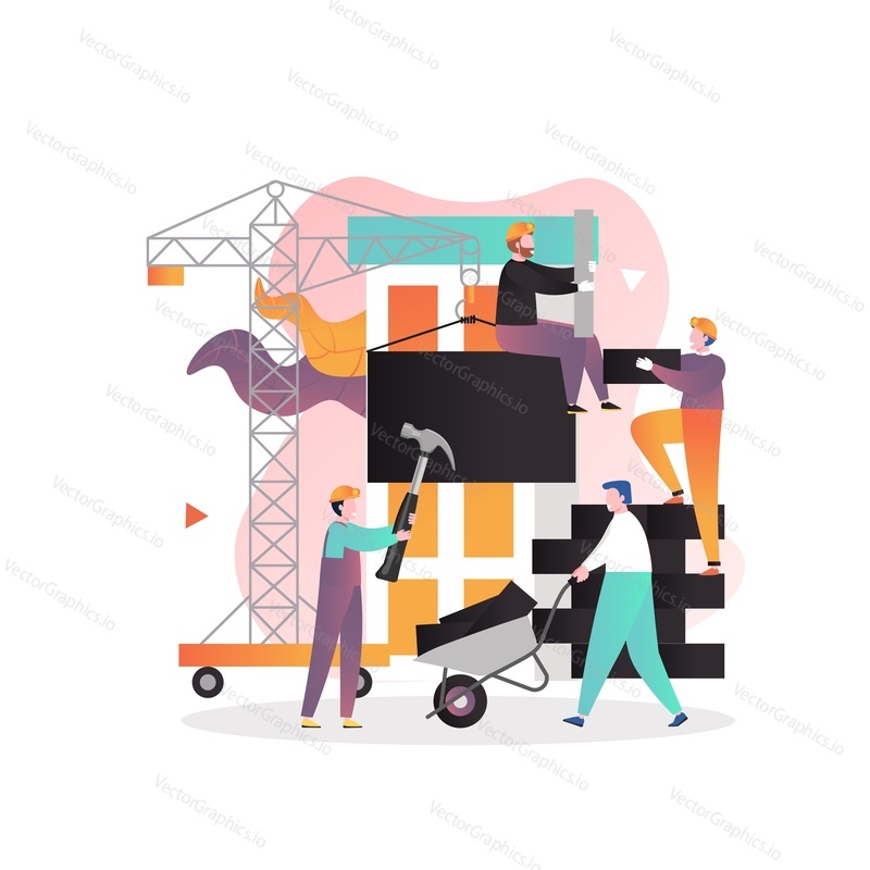 Builders with hammer, wheelbarrow working at construction site, building brick wall, vector illustration. Construction industry concept for web banner, website page etc.